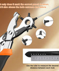 Heavy Duty Revolving Punch Plier Kit With Five Replaceable Bases And Six Punch Heads For Leather Belts Watch Bands Saddles Rubber And Craft Projects Pro Grade For DIY Home Use Everyday Workshop Ready, close-up of punch mechanism and ruler guide