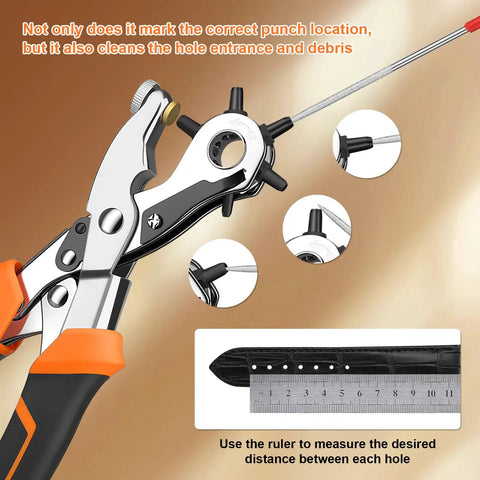 Heavy Duty Revolving Punch Plier Kit With Five Replaceable Bases And Six Punch Heads For Leather Belts Watch Bands Saddles Rubber And Craft Projects Pro Grade For DIY Home Use Everyday Workshop Ready, close-up of punch mechanism and ruler guide