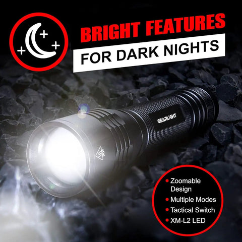Ultra Bright 1200 Lumen Tactical Flashlight Handheld for Camping and Hunting with zoomable beam on rocky surface