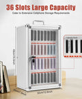 Built Different 36 Slot Cell Phone Locker With Heavy Duty Aluminum Frame, dimensions displayed on a wooden table.