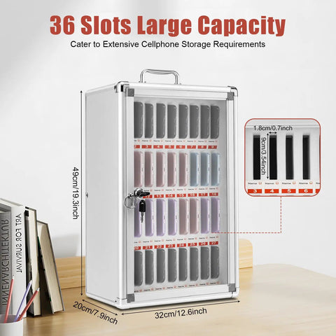 Built Different 36 Slot Cell Phone Locker With Heavy Duty Aluminum Frame, dimensions displayed on a wooden table.