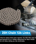 Heavy Duty 126 Link Drive Chain With Chain Tensioner Replacement For Razor MX350 MX400 SX350 ZR350 Dirt Rocket Bikes And RSF350 Electric Sport Bike Includes Chain Breaker Tool displayed with coiled chain and tensioner