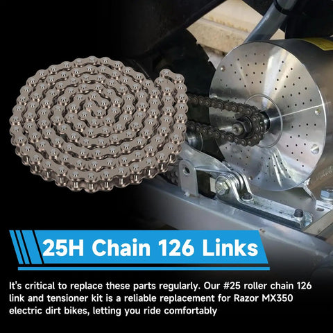 Heavy Duty 126 Link Drive Chain With Chain Tensioner Replacement For Razor MX350 MX400 SX350 ZR350 Dirt Rocket Bikes And RSF350 Electric Sport Bike Includes Chain Breaker Tool displayed with coiled chain and tensioner