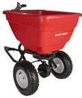 Red tow behind 150lb broadcast spreader for fertilizer and seed with easy flow control adjustable settings, non-skid tires