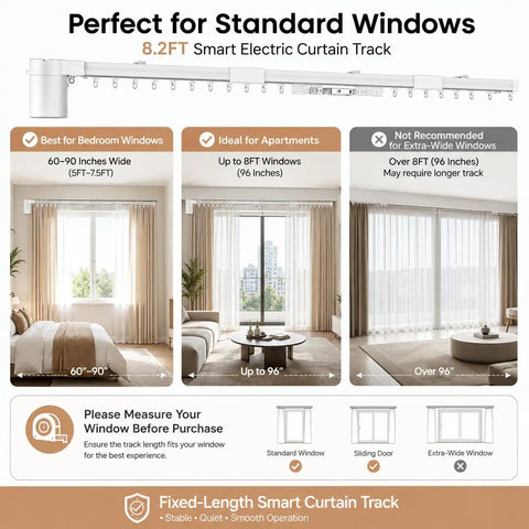 Ultra Quiet 98.4 Inch Motorized Curtain Track With App Control And Remote, Smart Home Curtain System For Living Room And Bedroom, Couch Friendly Auto Open Close With Timed Scheduling, Fixed Length Design, 8.2ft smart electric curtain track for standard windows