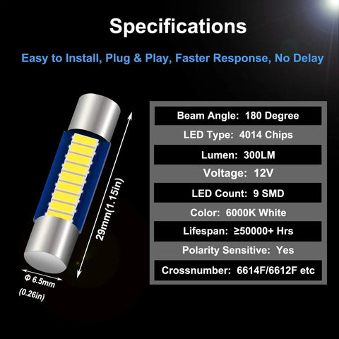 Specifications of Six Pack Festoon LED Bulbs Kit 28mm 29mm 6614F 6641 6612F With 9 SMD 4014 Chips Ultra Bright 6000K White