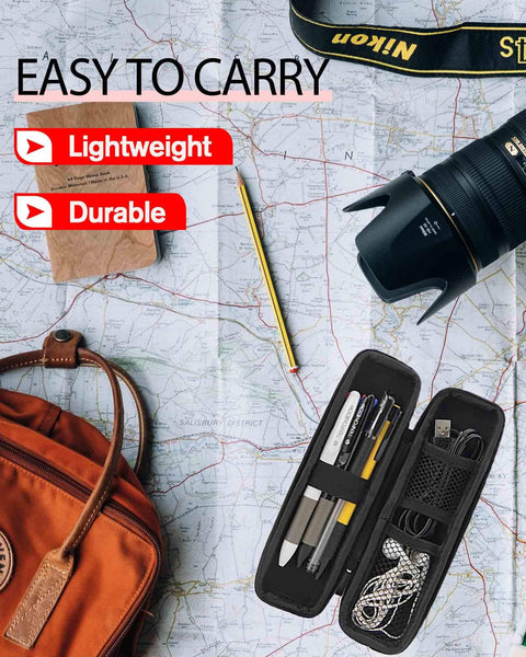 Heavy Duty Slim Pencil Case For Adults And Jetsetters With Dang Tough Waterproof Hard Shell Armor And Snap Tight Elastic Bands open showcasing pens and cords.