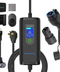 Portable Level 1 And Level 2 Electric Vehicle Charger 40 Amps With 25 Foot Cable Nema 1450 And 515 Adapters showing various plugs and digital display.