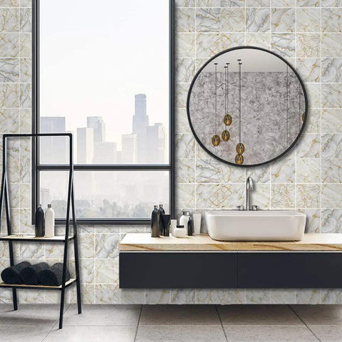 Peel And Stick Brown Marble Backsplash Tiles 50 Piece Set 5.9 Inch Square Self Adhesive PVC Wall Tile Decals in bathroom setting.