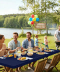 Outdoor picnic with family featuring Waterproof Elastic Fitted Tablecloth With Elastic Edge For 6 Foot Tables 30x72 Inches Navy