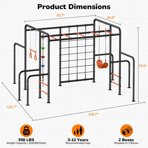 Diagram of Outdoor Jungle Gym With Monkey Bars Frame 5 In 1 Heavy Duty Metal Swing Set dimensions, showing components and size.