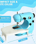 Straight Up Hassle Free Compact Mini Sewing Machine With Dual Speed Options Bright Led Lamp Extension Table And Slick All In One Beginner Kit For Diy Fabrics shown in blue color with dimensions 8.66in height, 11.81in width, and 6.69in depth.