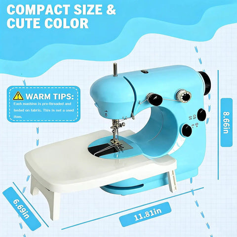 Straight Up Hassle Free Compact Mini Sewing Machine With Dual Speed Options Bright Led Lamp Extension Table And Slick All In One Beginner Kit For Diy Fabrics shown in blue color with dimensions 8.66in height, 11.81in width, and 6.69in depth.