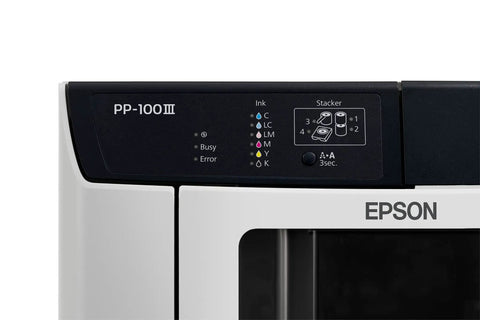 Control panel of No Sweat CD DVD BluRay Disc Publisher And Printer With 100 Disc Slot showing ink levels and status indicators.