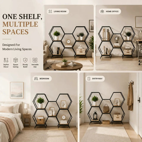 Dope Hexagon Room Divider Shelf With Modular Open Storage Industrial Freestanding Display Bookcase in living room, bedroom, home office, and entryway settings