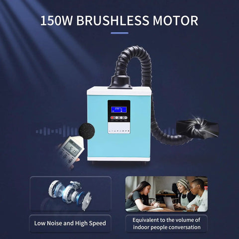 Professional Solder Fume Extractor Delivers 150W Kickass Suction At 258 Cbm Per Hour, featuring 150W brushless motor and flexible hose.