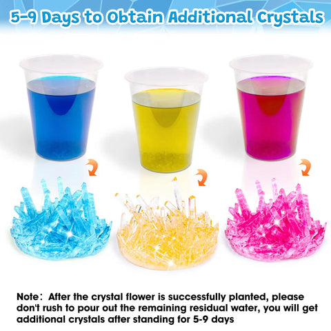 Three colorful liquids in cups forming blue, yellow, and pink crystals, Crystal Growing Kit For Kids 8 To 12, Fast 24 Hour Science Lab Toys Set For STEM Learning.