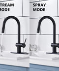 Matte Black Kitchen Faucet With Pull Down Sprayer showing stream and spray mode in modern stainless steel design on white sink.