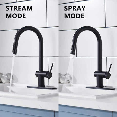 Matte Black Kitchen Faucet With Pull Down Sprayer showing stream and spray mode in modern stainless steel design on white sink.