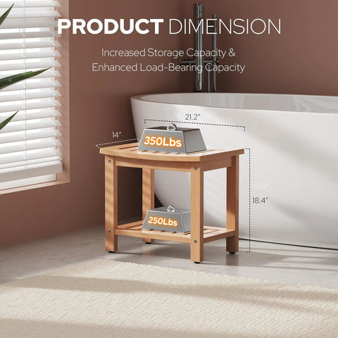 21 Inch Poly Lumber Waterproof Shower Bench With Storage Shelf, Non Slip Faux Teak Wood Stool beside bathtub, dimensions shown.