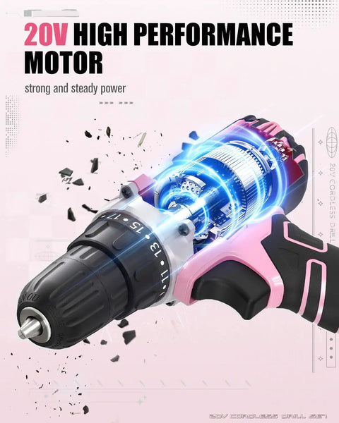 20V Max Cordless Drill Kit With Battery And Charger Two Speeds Three Eighths Inch Keyless Chuck Pink Design