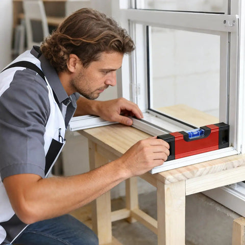 Magnetic Pocket Level Mini Bubble Spirit Level Tool With 2 Vials 90°/180° being used by a man for accurate leveling on a window frame.