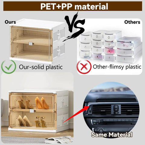 Comparison of 40 Pair Shoe Storage Cabinet with magnetic door and alternative flimsy plastic shoe boxes