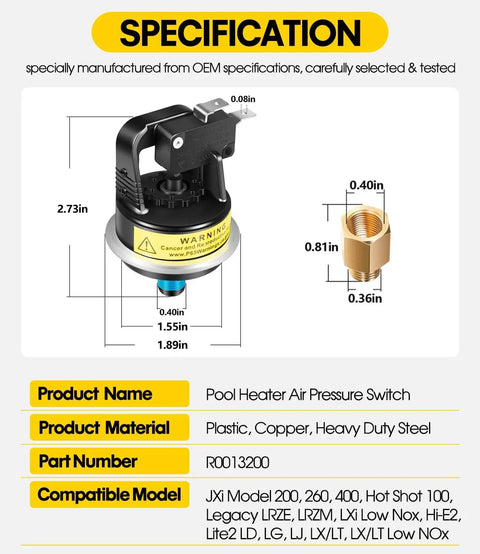 2 Psi Air Pressure Switch Replacement With O Ring For Jandy Zodiac Laars Teledyne Pool And Spa Heaters R0013200 specifications