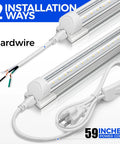 2Ft LED Shop Light 20W 3000LM 6500K T8 Fixture With Clear Cover showing hardwire and plug installation options