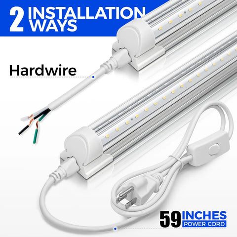 2Ft LED Shop Light 20W 3000LM 6500K T8 Fixture With Clear Cover showing hardwire and plug installation options