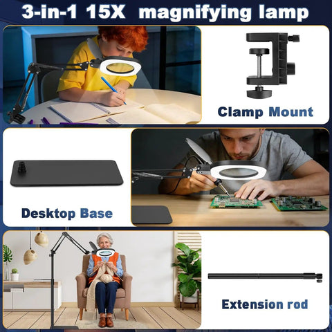 15X Floor And Desk Magnifying Glass With Light And Stand Hands Free Craft Hobby Tool showing clamp mount and extension rod