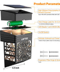 Exploded view of Eight Pack Solar Fence Lights With Dusk To Dawn Auto On showing components and product parameters.