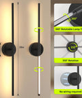vidvic 28Inch Rechargeable Black Wall Sconces Set of 2 Dimmable and Remote, showcasing rotating lamp tubes and dimensions.