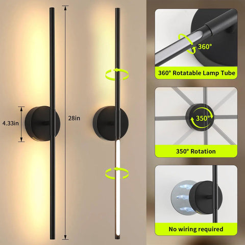 vidvic 28Inch Rechargeable Black Wall Sconces Set of 2 Dimmable and Remote, showcasing rotating lamp tubes and dimensions.
