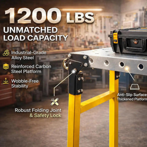 Heavy Duty Foldable Work Platform And Rolling Welding Station With Rock Solid 1200 Pound Capacity Adjusts 29 To 48 Inches High close-up of robust features and stability.