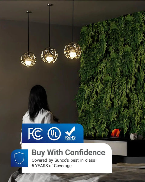 Room with hanging pendant lights illuminating a leafy wall, featuring certification logos for FCC, UL, RoHS, and Sunco warranty.