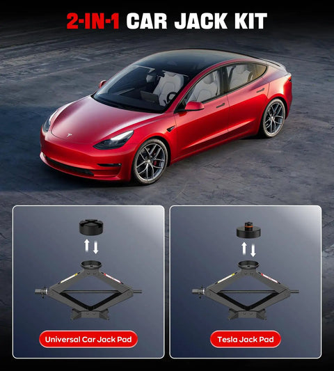 Heavy Duty 2.5 Ton Scissor Car Jack Kit With Tesla And Universal Pads Built Tough High Capacity Auto Lift Tool For Model Y 3 S X showing car and pads.