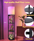 Smart RGB Shelf Floor Lamp With USB Ports And Power Outlet, 64-inch standing lamp with shelves and fabric shade in living room.