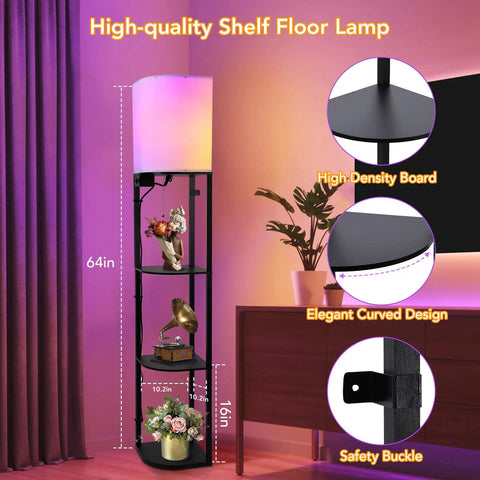 Smart RGB Shelf Floor Lamp With USB Ports And Power Outlet, 64-inch standing lamp with shelves and fabric shade in living room.