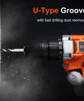 Side view of orange COMOWARE cordless drill drilling into wall with metal twist bit