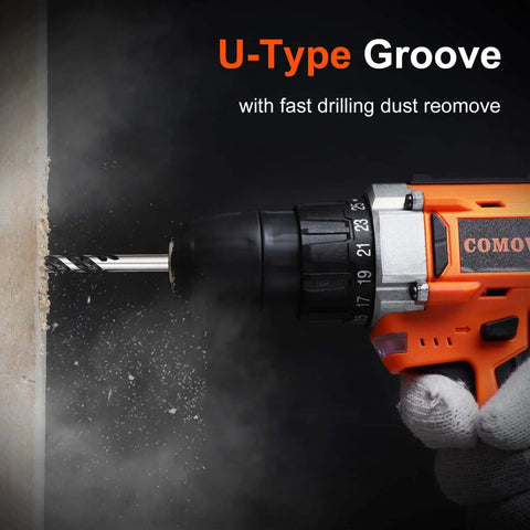 Side view of orange COMOWARE cordless drill drilling into wall with metal twist bit