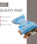 Close-up of GE And Hotpoint Washer Water Inlet Valve Replacement Wh13x26534 Ps12726768 Ap6891106 in blue, ready for installation.