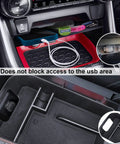 Toyota RAV4 Center Console Organizer Two Pack for 2019-2025 Models, showing tray with cables and devices, does not block USB area.
