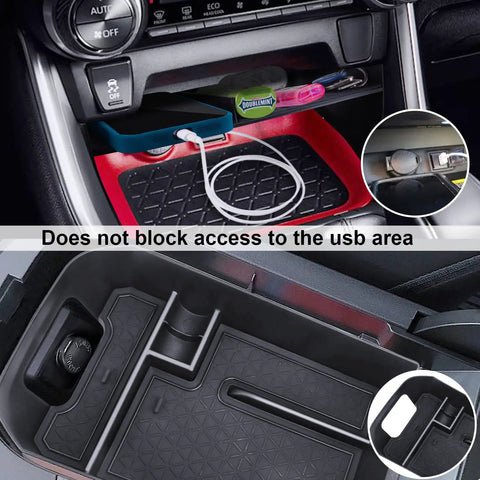 Toyota RAV4 Center Console Organizer Two Pack for 2019-2025 Models, showing tray with cables and devices, does not block USB area.