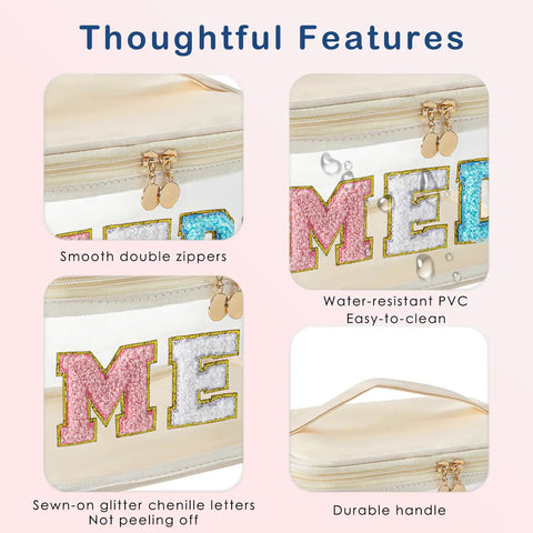 Clear Waterproof Meds Organizer Makeup Bag With Top Handle Grab And Go Large Transparent Nylon Cosmetic Toiletry Case featuring beige chenille letters and smooth zippers.