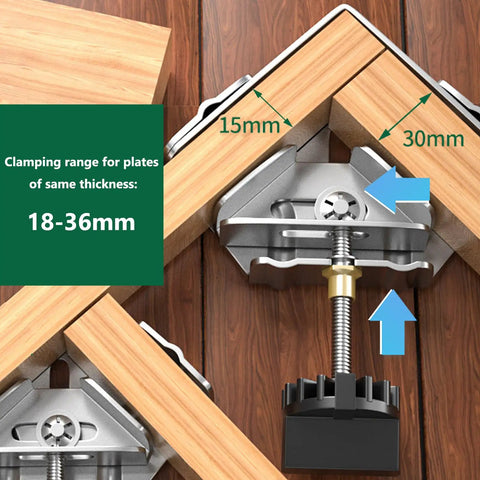 Heavy Duty 90 Degree Corner Clamp With Super Sturdy Grip For Woodworking Welding And Framing Jobs One Hand Operation Stainless Steel Workhorse, showing clamping range of 18-36mm.