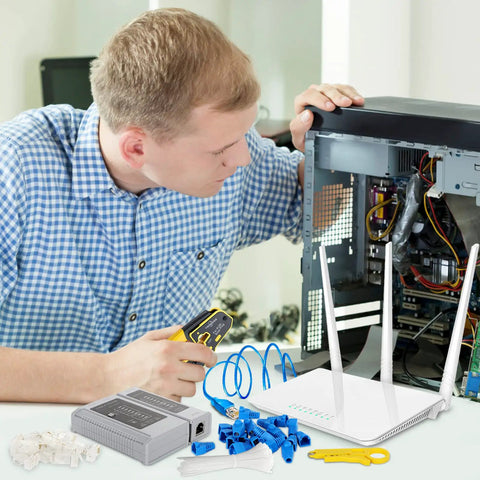 RJ45 Pass Through Ethernet Crimp Tool Kit All In One Pro Grade Set includes tester, connectors, and cable ties near open computer