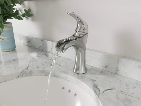 Jaida Single Handle Waterfall Bathroom Sink Faucet 1 Hole Chrome Finish with water flowing, deck mount design