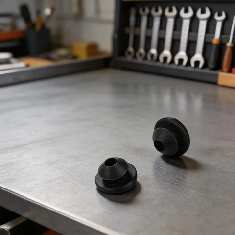 Bulletproof Rubber Grommet Kit For 1/8 5/32 And 3/16 Inch Cable Railing Posts Featuring Moisture Lock Caps on a workbench.