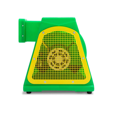 Front view of Powerful 2 HP Bounce House Air Blower for large inflatables like bouncy castles and water slides, green and yellow design.